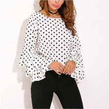 (S, White) Women Polka Dot Shirts Spring Fashion O Neck Long Sleeve Blouse Femininas Casual Black And White Tops Shirt New