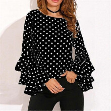 (L, Black) Women Polka Dot Shirts Spring Fashion O Neck Long Sleeve Blouse Femininas Casual Black And White Tops Shirt New