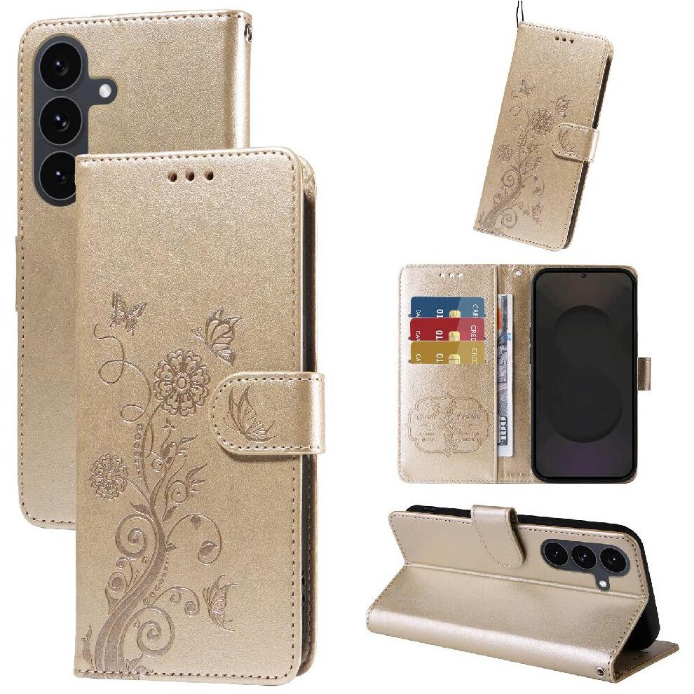 (Gold) Flip Case For Samsung Galaxy S25 Fe Flower Leather Cardslots Flip Gold 764563628407