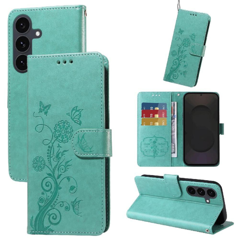 (Green) Flip Case For Samsung Galaxy S25 Fe Flower Leather Cardslots Flip Green 764563628384
