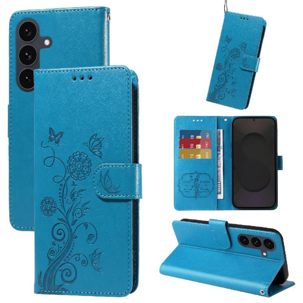 (Blue) Flip Case For Samsung Galaxy S25 Fe Flower Leather Cardslots Flip Blue 764563628391