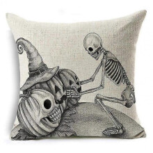 (color2) Halloween Pillow Covers, Skeleton Witch Cotton Linen Cushion Covers, Halloween Decor