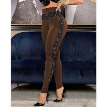 (L, Brown) England Style Summer Solid Color Sweatpants for Women Hollow Out Design Lace Decor Elastic High Waist Slim Hips Long Trousers
