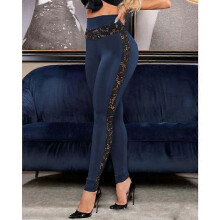 (XXXL, Deep Blue) England Style Summer Solid Color Sweatpants for Women Hollow Out Design Lace Decor Elastic High Waist Slim Hips Long Trousers