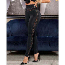 (L, Black) England Style Summer Solid Color Sweatpants for Women Hollow Out Design Lace Decor Elastic High Waist Slim Hips Long Trousers