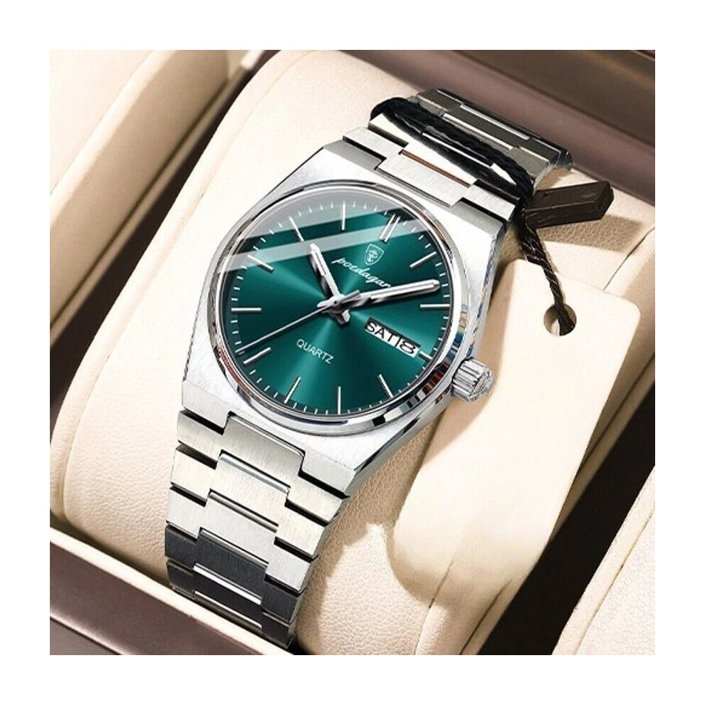 (Silver Dark Green Face) Womens Stainless Steel Quartz Watch Waterproof Luminous Calendar Wristwatch P786-image-OPC-PHNR59N-NEW