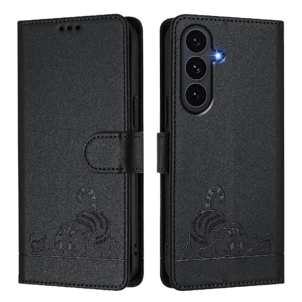 (Black) Case For Samsung Galaxy S25 Fe Cat Rfid Card Slot Holder Kickstand Wallet Flip Cover Black 764563629404