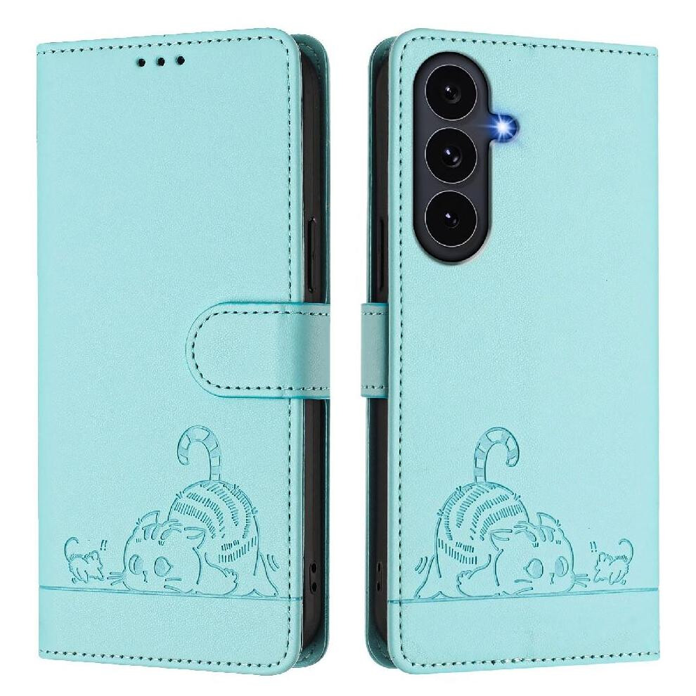 (Green) Case For Samsung Galaxy S25 Fe Cat Rfid Card Slot Holder Kickstand Wallet Flip Cover Green 764563629381