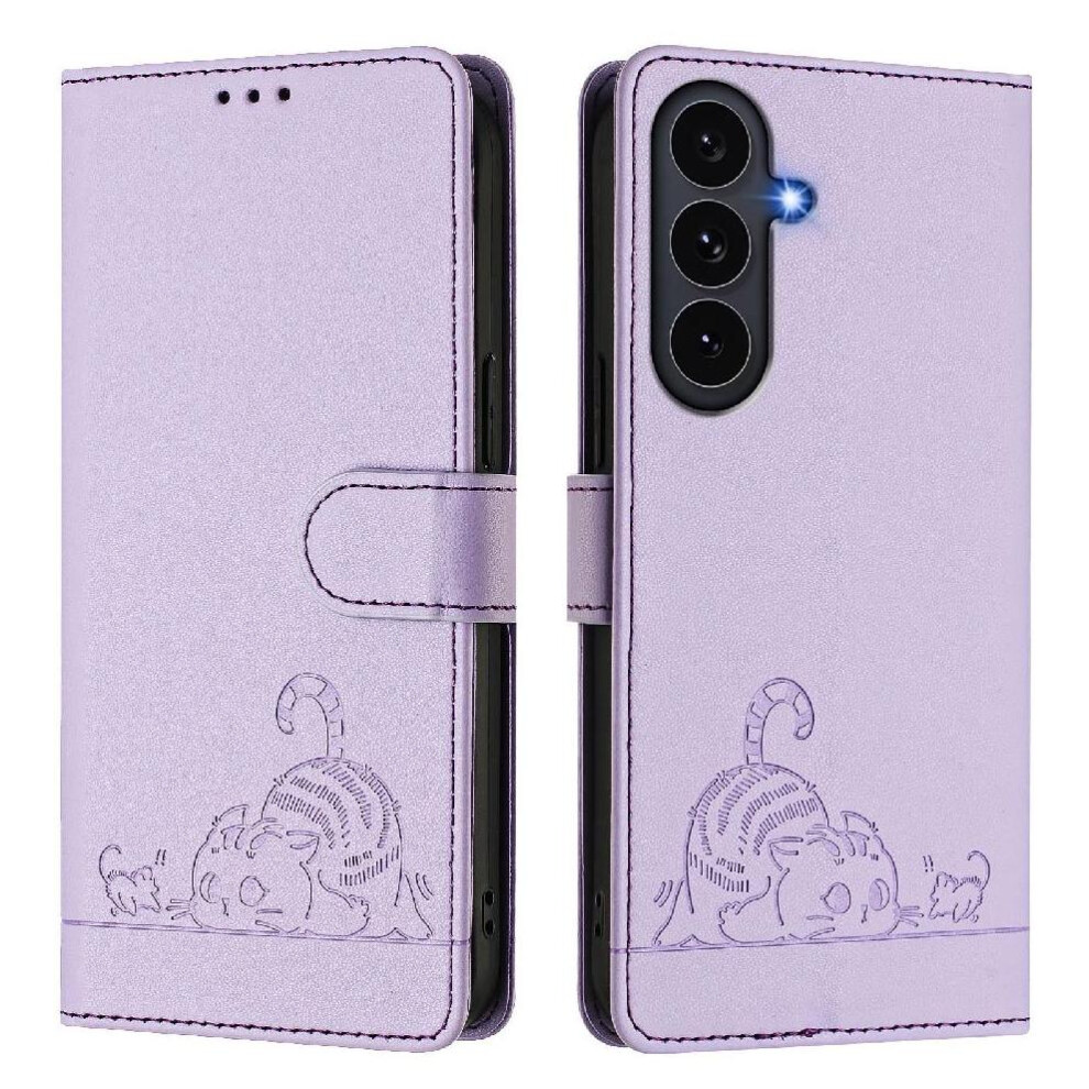 (Purple) Case For Samsung Galaxy S25 Fe Cat Rfid Card Slot Holder Kickstand Wallet Flip Cover Purple 764563629428