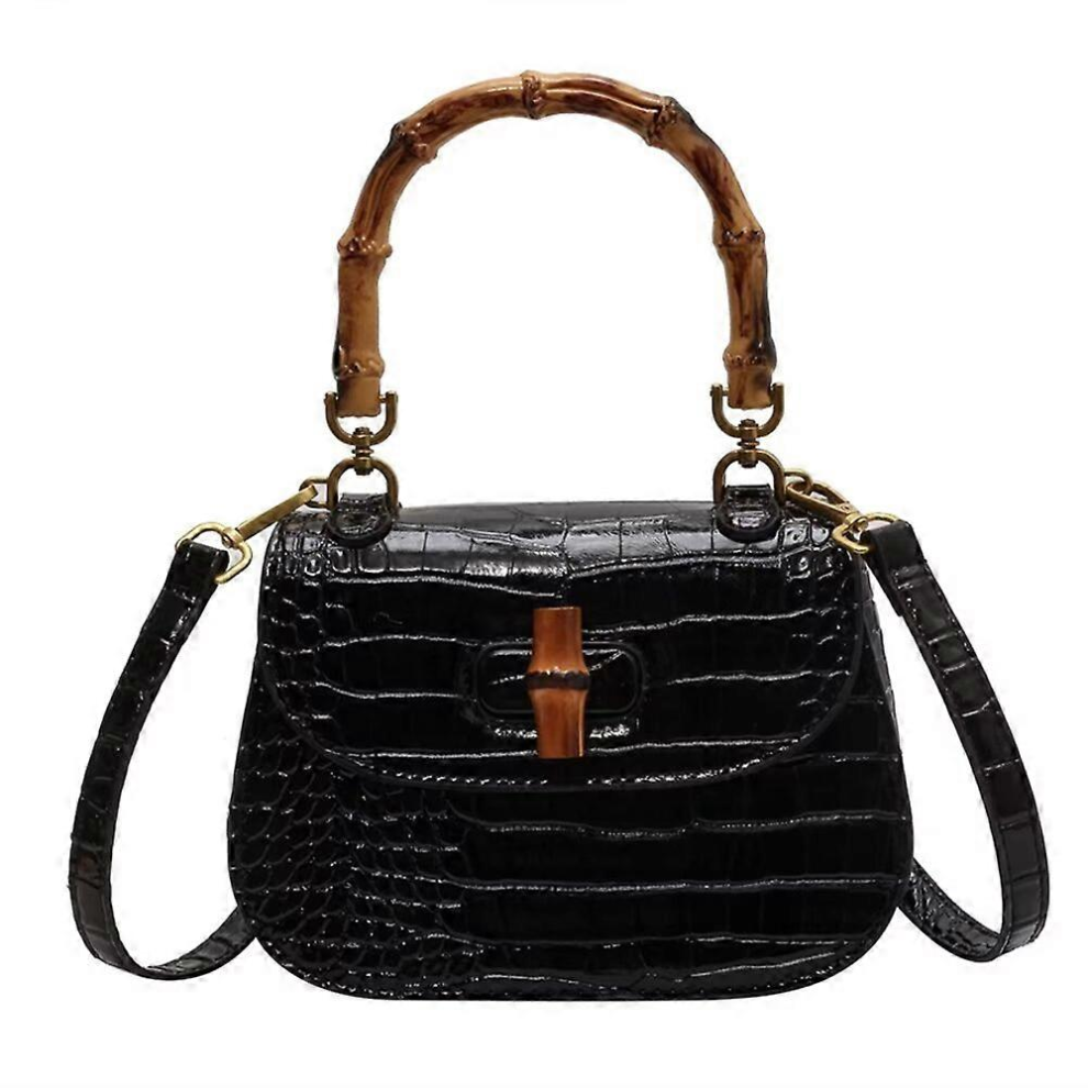 Sac à main noir pour femme en cuir artificiel, sac à bandoulière avec poignée supérieure en bambou, sac à main élégant, sac de soirée, cadea