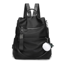 Sac à dos noir avec boules de poils pour filles, sac à dos en tissu Oxford pour étudiantes et adolescentes