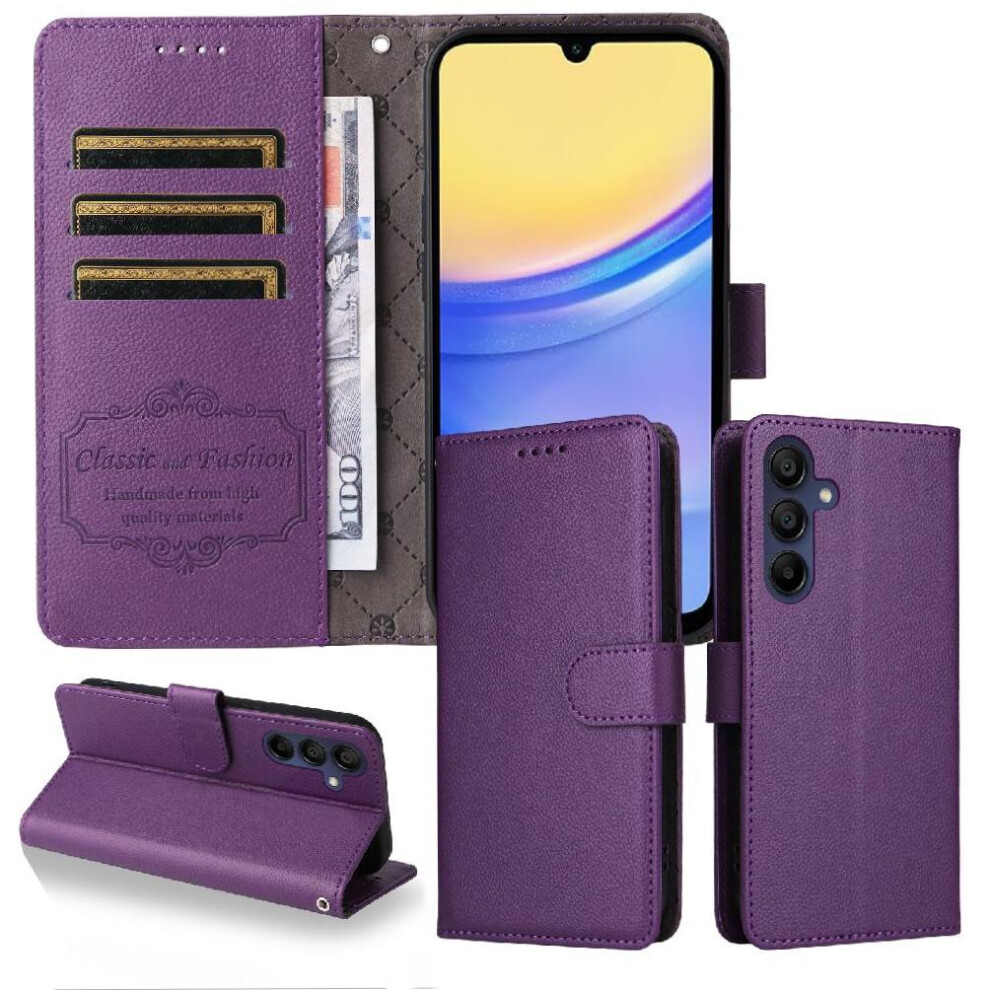 (Purple) Flip Case For Samsung Galaxy A15 Wallet Wireless Charging Magnetic Car Mount Crad Slot Purple 764563631575