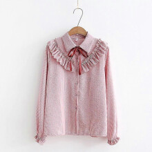 (S, Pink) Woman Striped Shirt Single Breasted Ruffles Turn down Collar Long Sleeve Chiffon Blouse Lace Up Bow