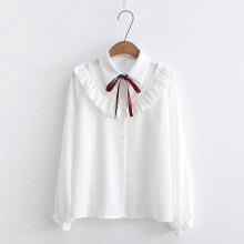 (L, White) Woman Striped Shirt Single Breasted Ruffles Turn down Collar Long Sleeve Chiffon Blouse Lace Up Bow