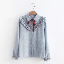 (XL, Blue) Woman Striped Shirt Single Breasted Ruffles Turn down Collar Long Sleeve Chiffon Blouse Lace Up Bow