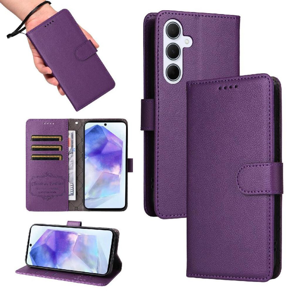 (Purple) Flip Case For Samsung Galaxy A55 Wallet Magnetic Car Mount Wireless Charging Crad Slot Purple 764563632428