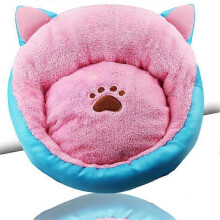 (Ear Pink Blue) Pet Kennel Round Super Soft Fluffy Comfortable Mat
