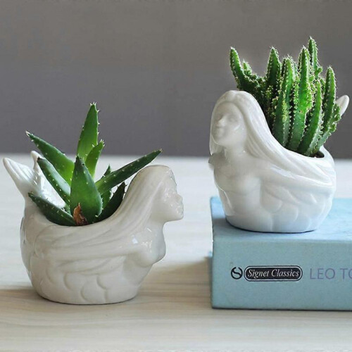Mermaid Succulent Planter Pot Bamboo Drainage White Ceramic Cactus Container 1