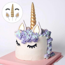 Unicorn Cake Topper, Handmade Gold Unicorn Cake Decoration Reusable Unicorn Horn, Ears And Eyelashes