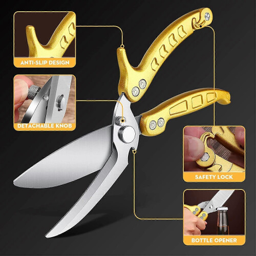 (As show, One size) YellowDetachable Poultry Scissors, Shark Tooth Kitchen Scissors, Multi-Function Professional Kitchen Scissors for Cutting Bones, Meat, Poultry, Vegeta 1