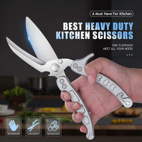 (As show, One size) SilverDetachable Poultry Scissors, Shark Tooth Kitchen Scissors, Multi-Function Professional Kitchen Scissors for Cutting Bones, Meat, Poultry, Vegeta 1