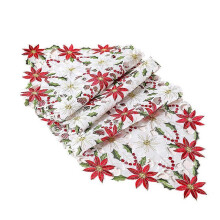 (As show, One size) Embroidered Christmas table runner, poinsettia and holly for Christmas decorations, table linen for Christmas decoration, decorative tablecloth