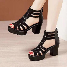 (37, Black) High Heels Gladiator Sandals Woman Open Head Sexy Black Rivet Block Heel Platform Shoes Summer Back Zip Size 35-40 Women Sandals