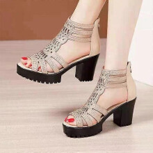 (37, gold) High Heels Gladiator Sandals Woman Open Head Sexy Black Rivet Block Heel Platform Shoes Summer Back Zip Size 35-40 Women Sandals