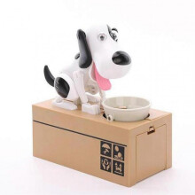 (Black White) Puppy Puggy Bank Battery Powered Robot Coin Chew Toy Piggy Bank Coin Bank