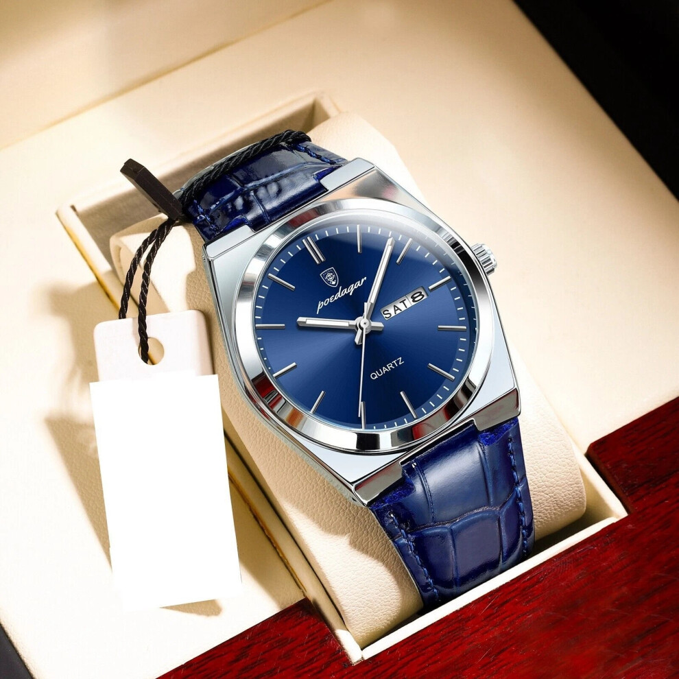 (Silver Dark Blue Face) Luxury Calendar Watches Mens Leather Quartz Watch Waterproof Luminous Wristwatch New