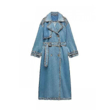 (S, Retro Blue) Spring Autumn Women Loose Long Denim Trench Coat With Belt Streetwear Female Retro Lapel Double Breasted Overcoat Coats Jackets