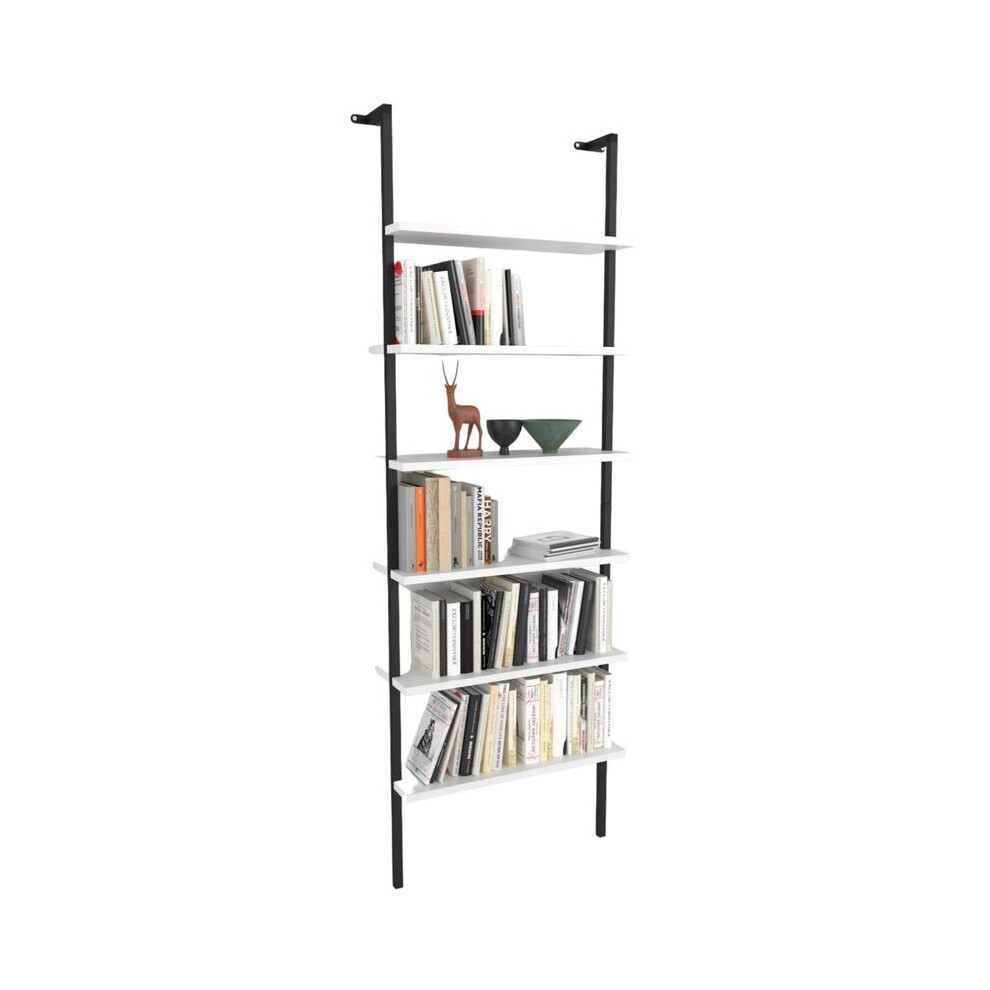 (White) 6-Shelf Industrial Style Ladder Metal & Wood Bookshelf - Wall Mounted