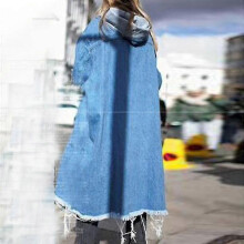 (L, Light Blue) Ladies Baggy Denim Jackets Long Sleeve Drawstring Trench Coat Fall Hoodies Overcoats