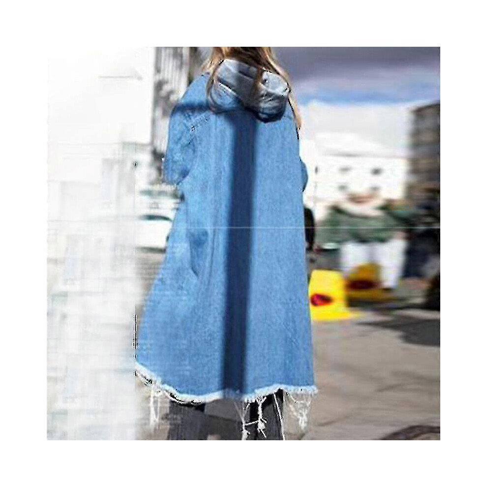 (L,Light Blue)Ladies Baggy Denim Jackets Long Sleeve Drawstring Trench Coat Fall Hoodies Overcoats