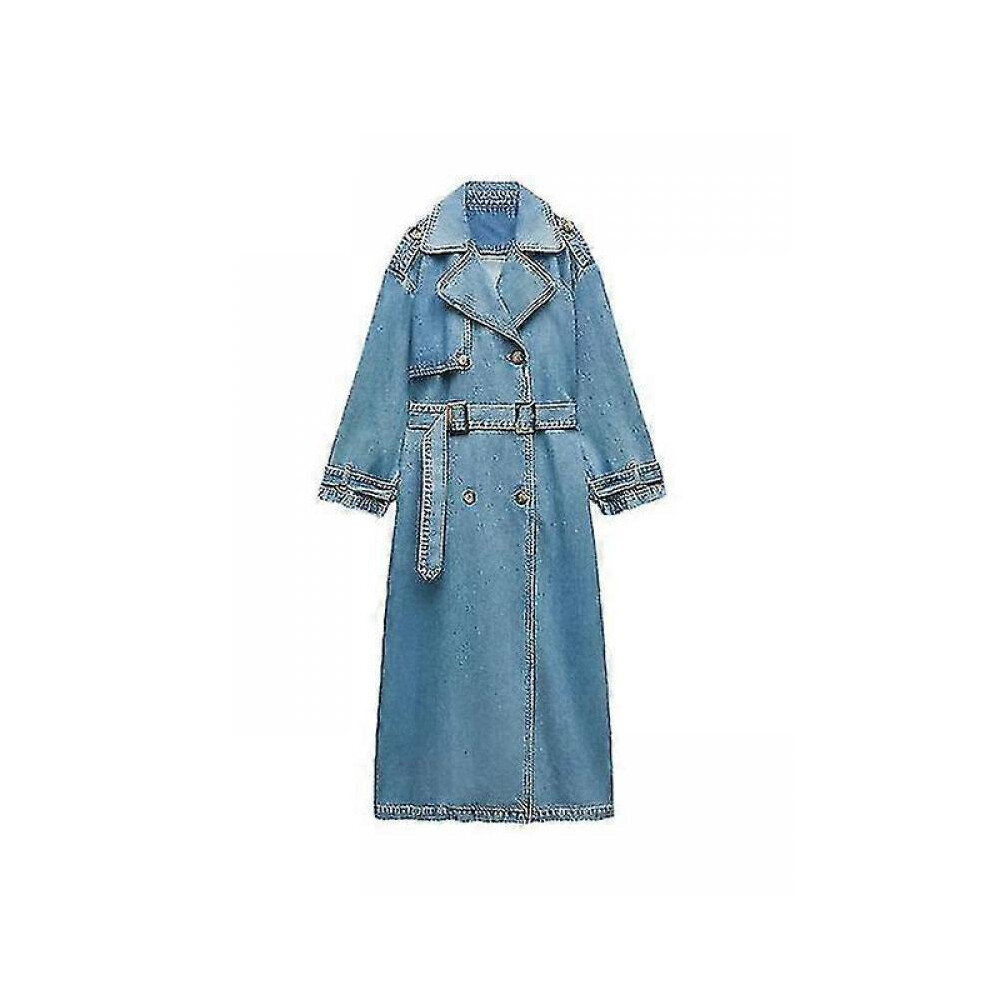 (L,Retro Blue)Spring Autumn Women Loose Long Denim Trench Coat With Belt Streetwear Female Retro Lapel Double Breasted Overcoat Coats Jackets