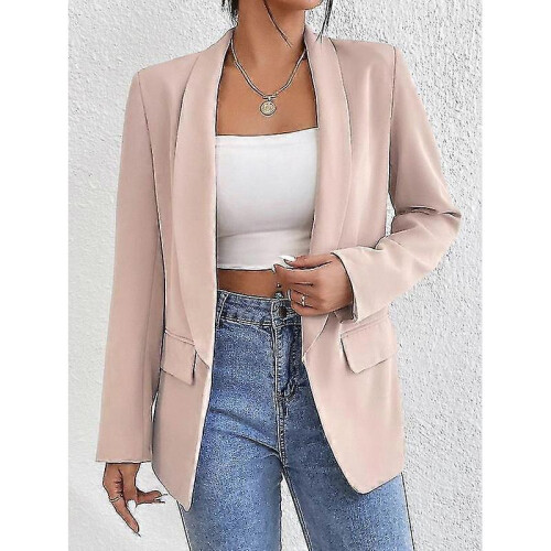 (L,apricot)Women's Lapel Pockets Blazer Suit Long Sleeve Work Office Jacket 1