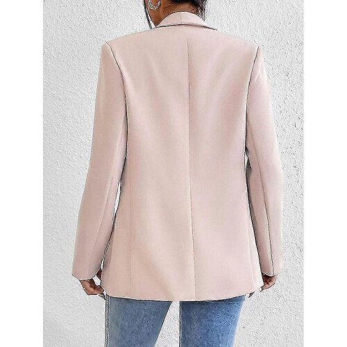 (L,apricot)Women's Lapel Pockets Blazer Suit Long Sleeve Work Office Jacket 2