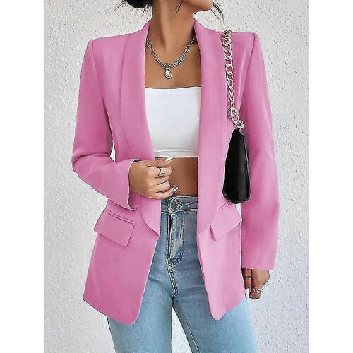(XL,pink)Women's Lapel Pockets Blazer Suit Long Sleeve Work Office Jacket