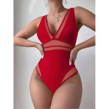 (S, red) Swimwear New One-piece Swimsuit Feminine Swimwear Solid Color Stitching Swimsuit 2023