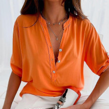 (S, Orange) Ladies V Neck Shirt Tunic Tops Casual Basic Blouse Stand Collar Half Sleeve Shirts