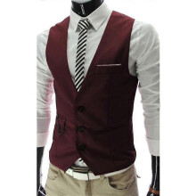(L, Wine Red) Men Suit Vest Waistcoat Slim Fit Single Breasted Gilet