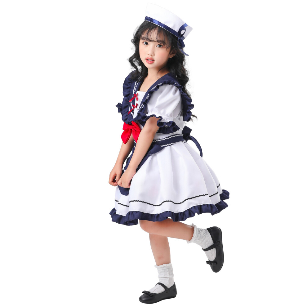 (Short Sleeve, L(130-145Cm)) Girls Sailor Costume Anime Style Kids Navy Dress For Cosplay & Stage Show Blue