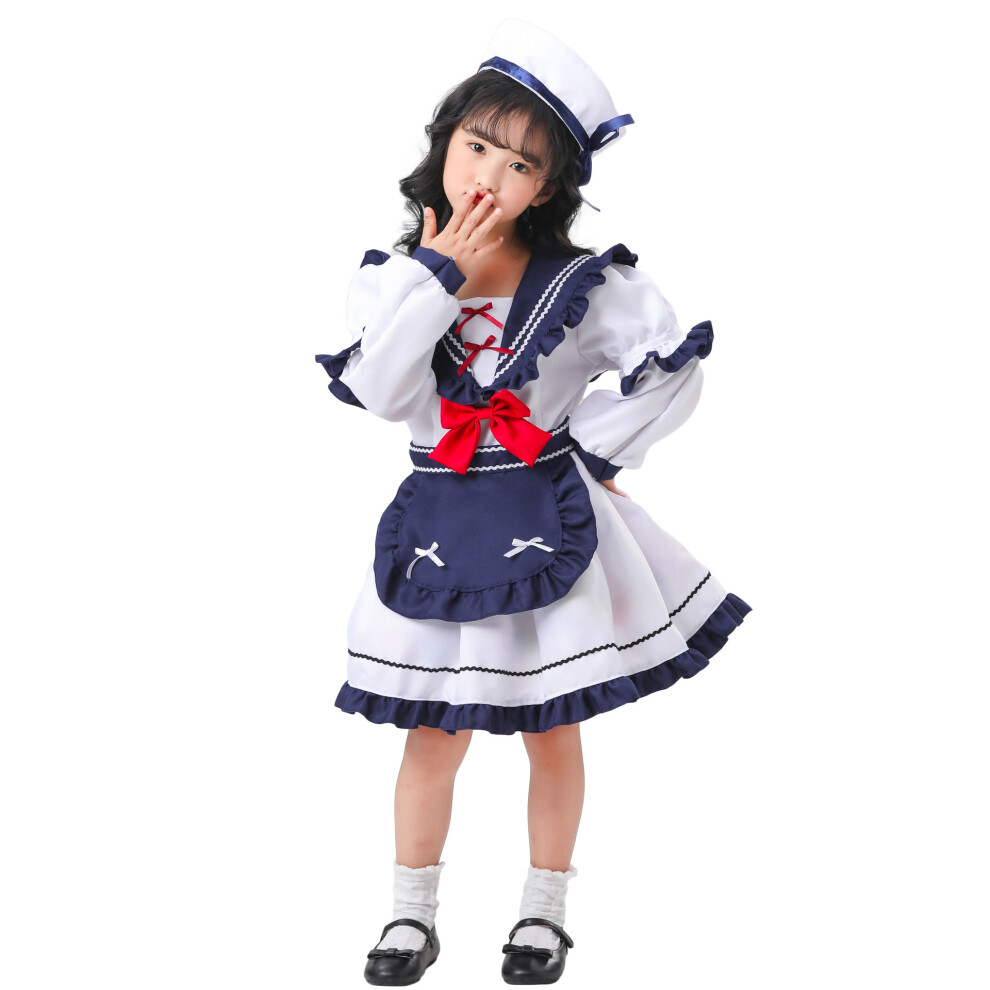 (Long Sleeve, M(120-130Cm)) Girls Sailor Costume Anime Style Kids Navy Dress For Cosplay & Stage Show Blue