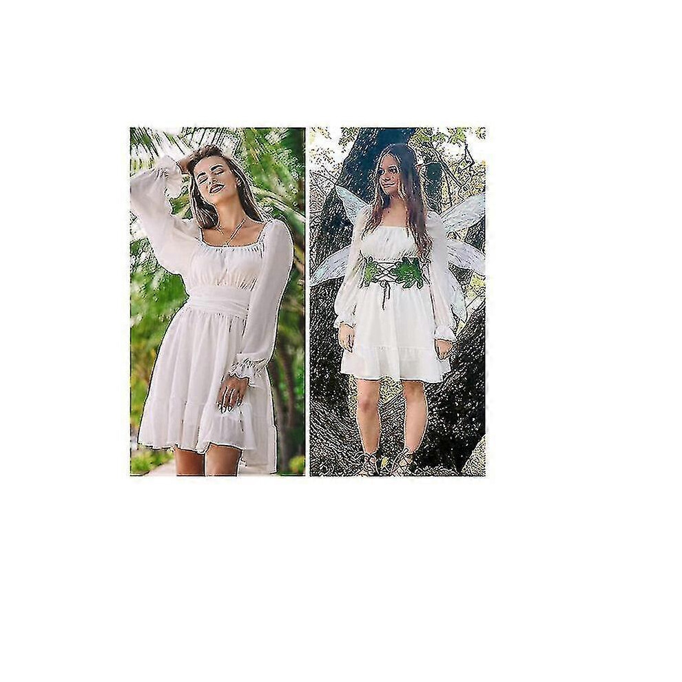 (XS)Women Tie Back Long Lantern Sleeve Square Neck Ruffle Dress