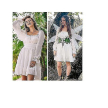 (M) Women Tie Back Long Lantern Sleeve Square Neck Ruffle Dress
