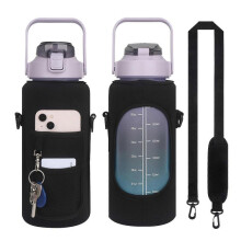 (black) Neoprene Water Bottle Carrier Bag With Adjustable Strap, Phone Holder And Large Capacity For Outdoor And Travel, 2000ml