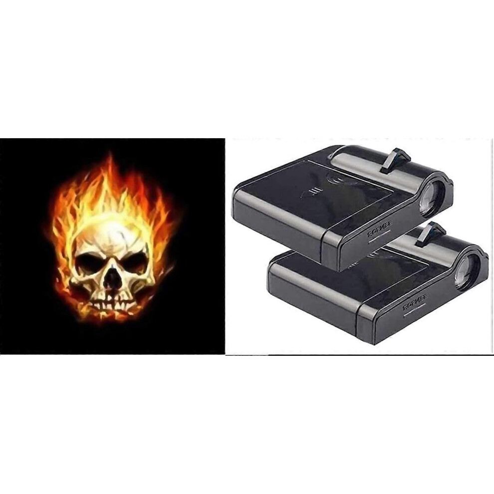 (As show, One size) 2 pcs Projecteurs LED  (fire skull) de Bienvenue Porte Voiture LED Lumire de Projecteur de Voiture Lampe de Logo Sans Fil-image-OPC-PHNRNMJ-NEW