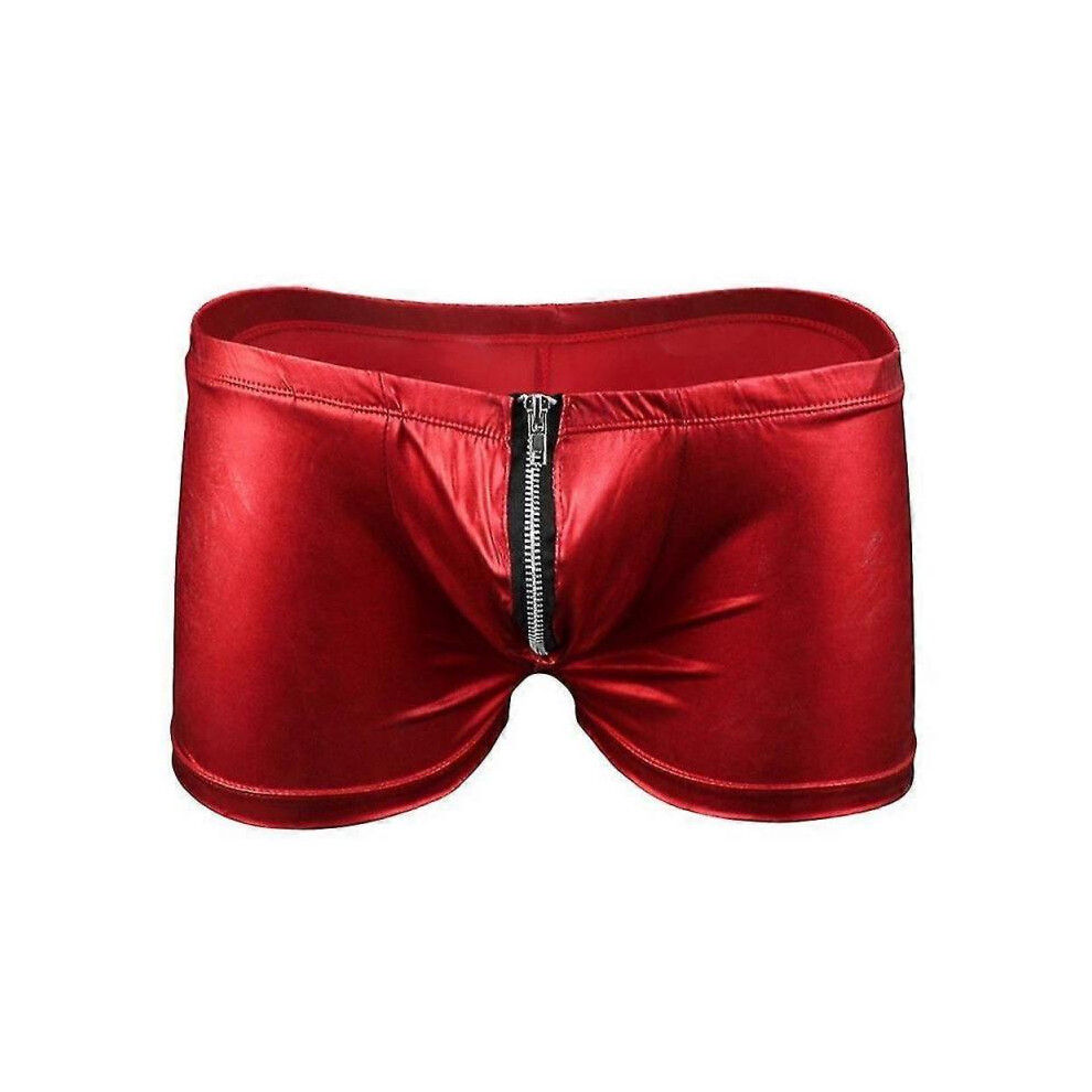 (Red)Men's Boxer Briefs Pole Dance Underwear Patent Leather Briefs Vacation Beach Swim Shorts