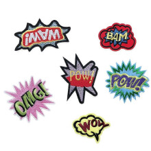 (As show, One size) A set of 6 embroidered fabric stickers, badges, cartoon English voice embroidery stickers, clothing decoration patches