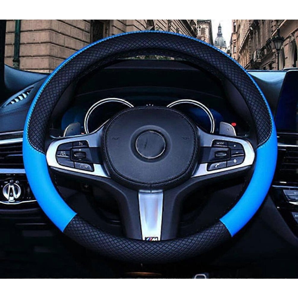(As Show, One Size) Microfiber Leather Steering Wheel Cover With And Wavy Stitching Black/Blue 4704245274832